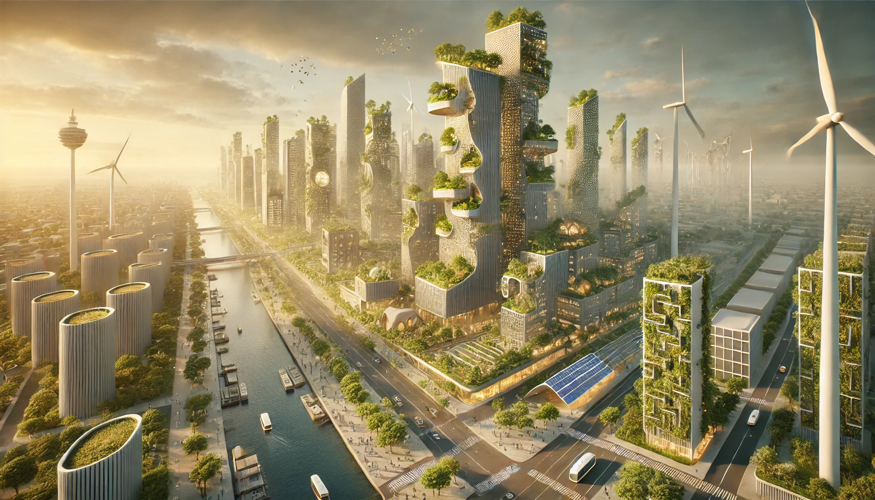 DALL·E 2025-01-14 22.33.04 – A futuristic cityscape, designed with a focus on sustainability and harmony with nature, featuring skyscrapers covered in vertical gardens and solar p